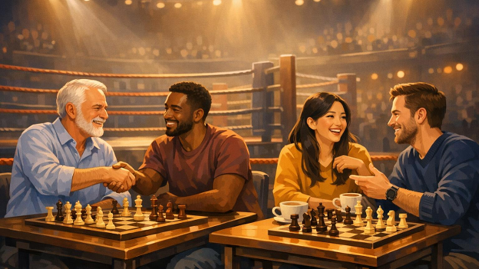 "Diverse chess community members playing and socializing in a golden-lit chess arena, celebrating friendship and competition in daily chess."