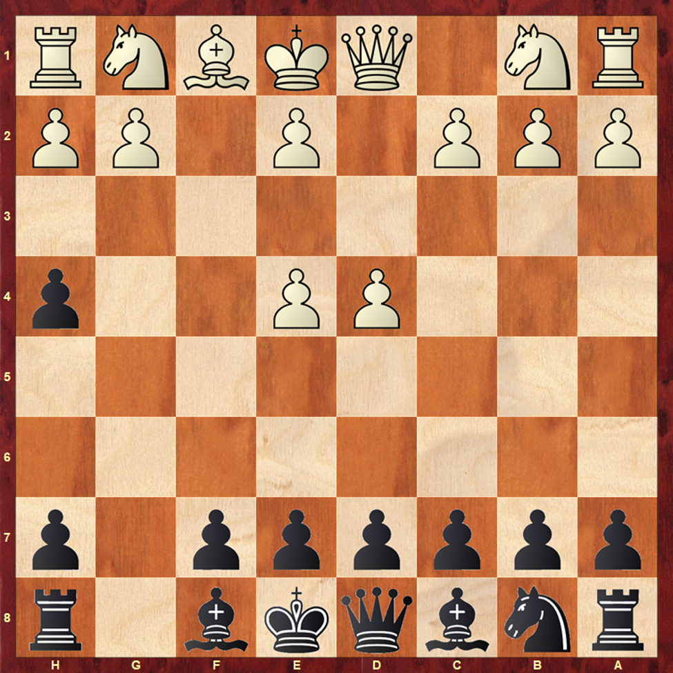 Chess board diagram showing the Trompovsky Attack opening position after 1.d4 Nf6 2.Bg5 Ne4 3. Bh4 g5 4. f3 gxh4 5. fxe4