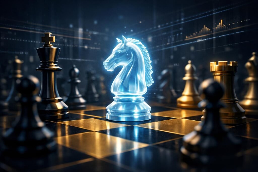 Chess set with a crystal knight featured as highlight.